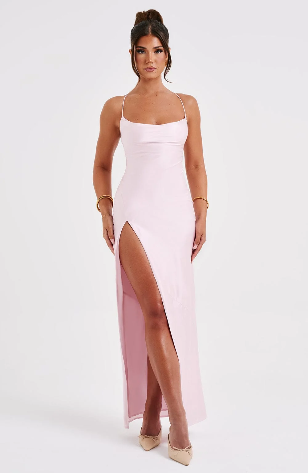 Blush Stretch Satin Maxi Dress with Cross Back Detail