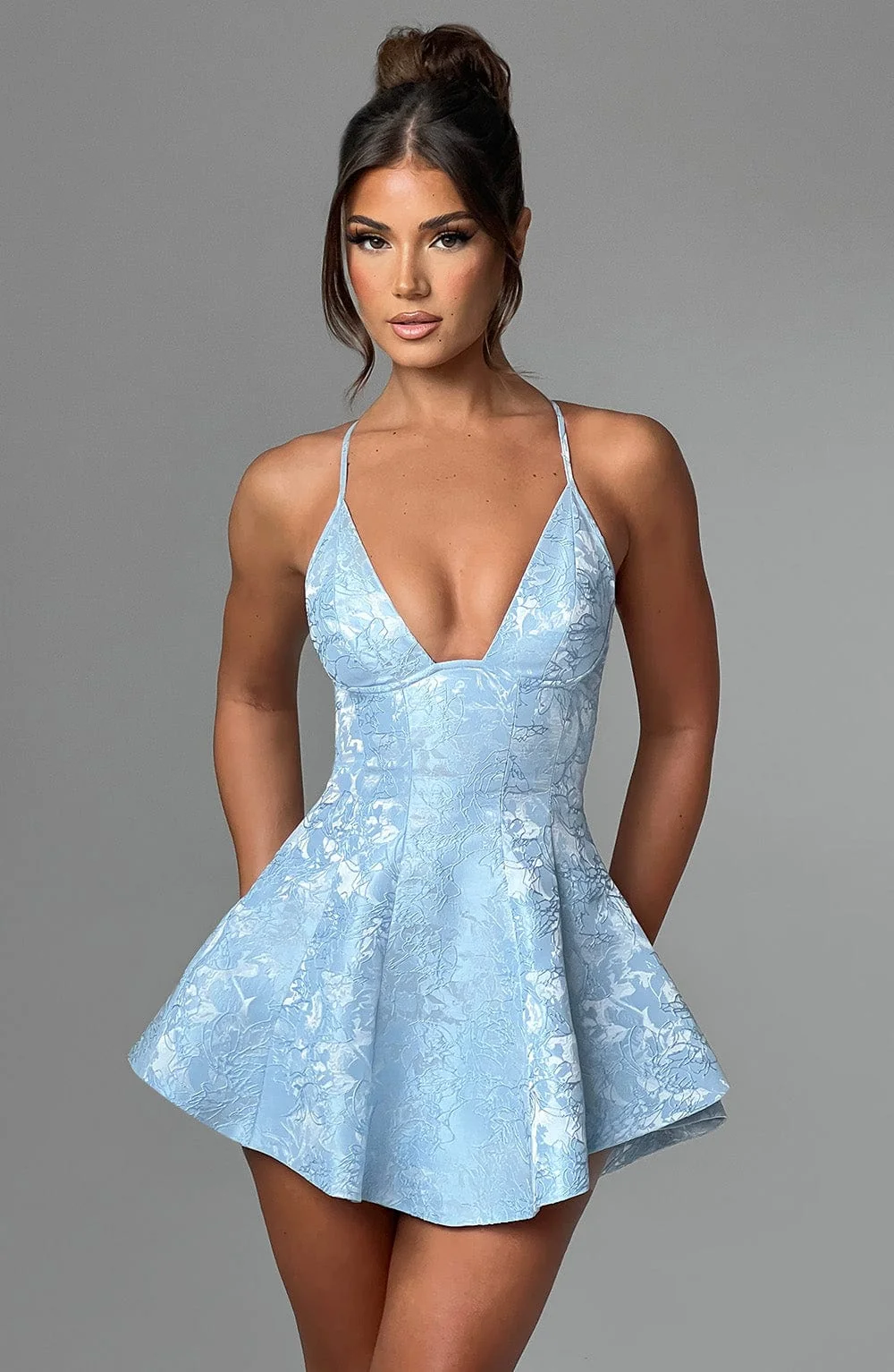 Floral Jacquard Playsuit in Blue Mini Length Dress