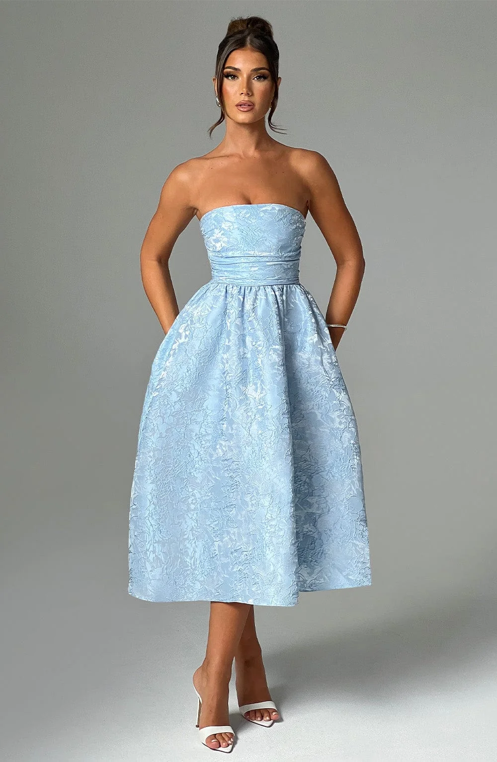 Blue Floral Jacquard Midi Dress for Elegant Events