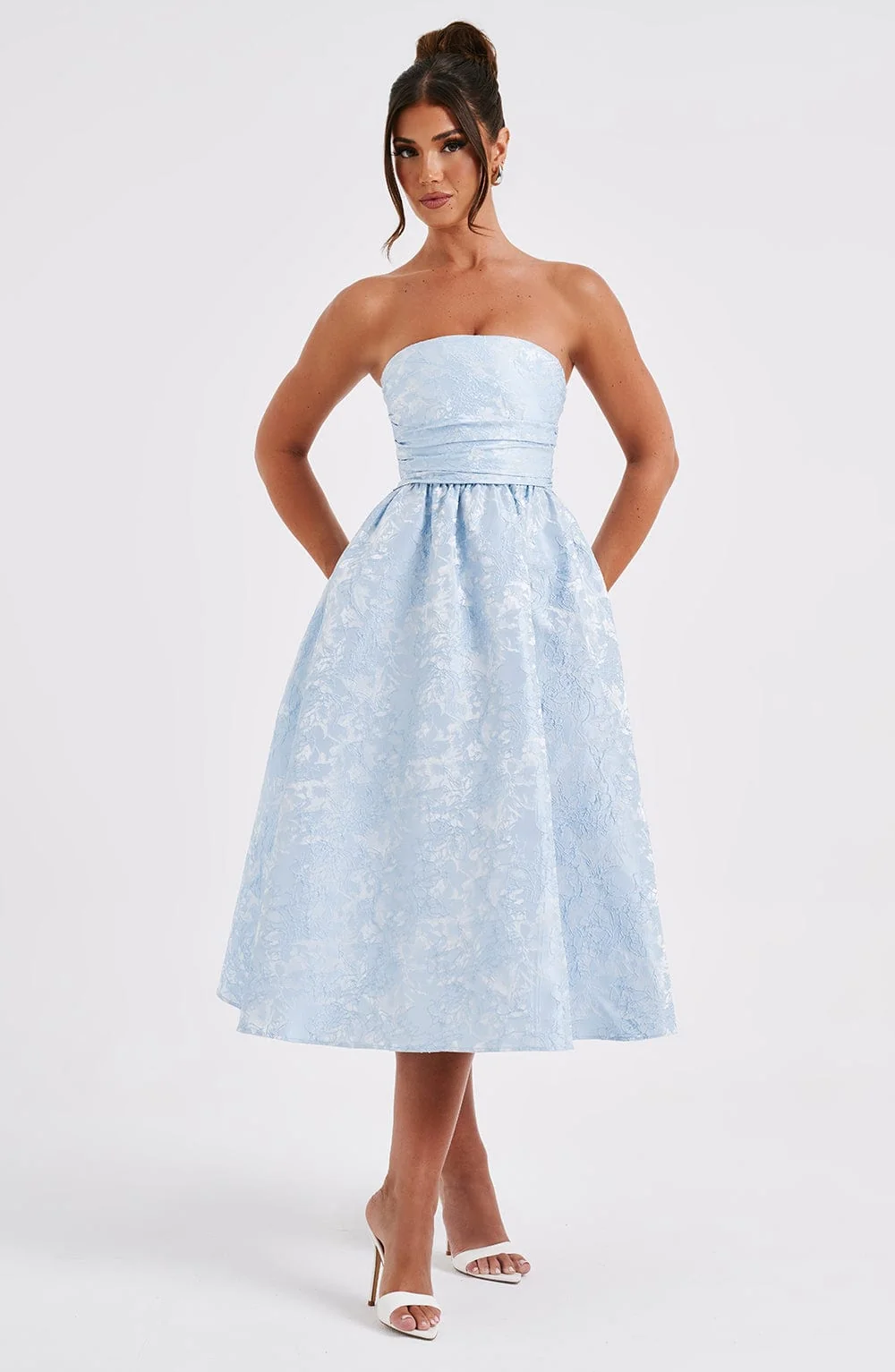 Blue Floral Jacquard Midi Dress for Elegant Events