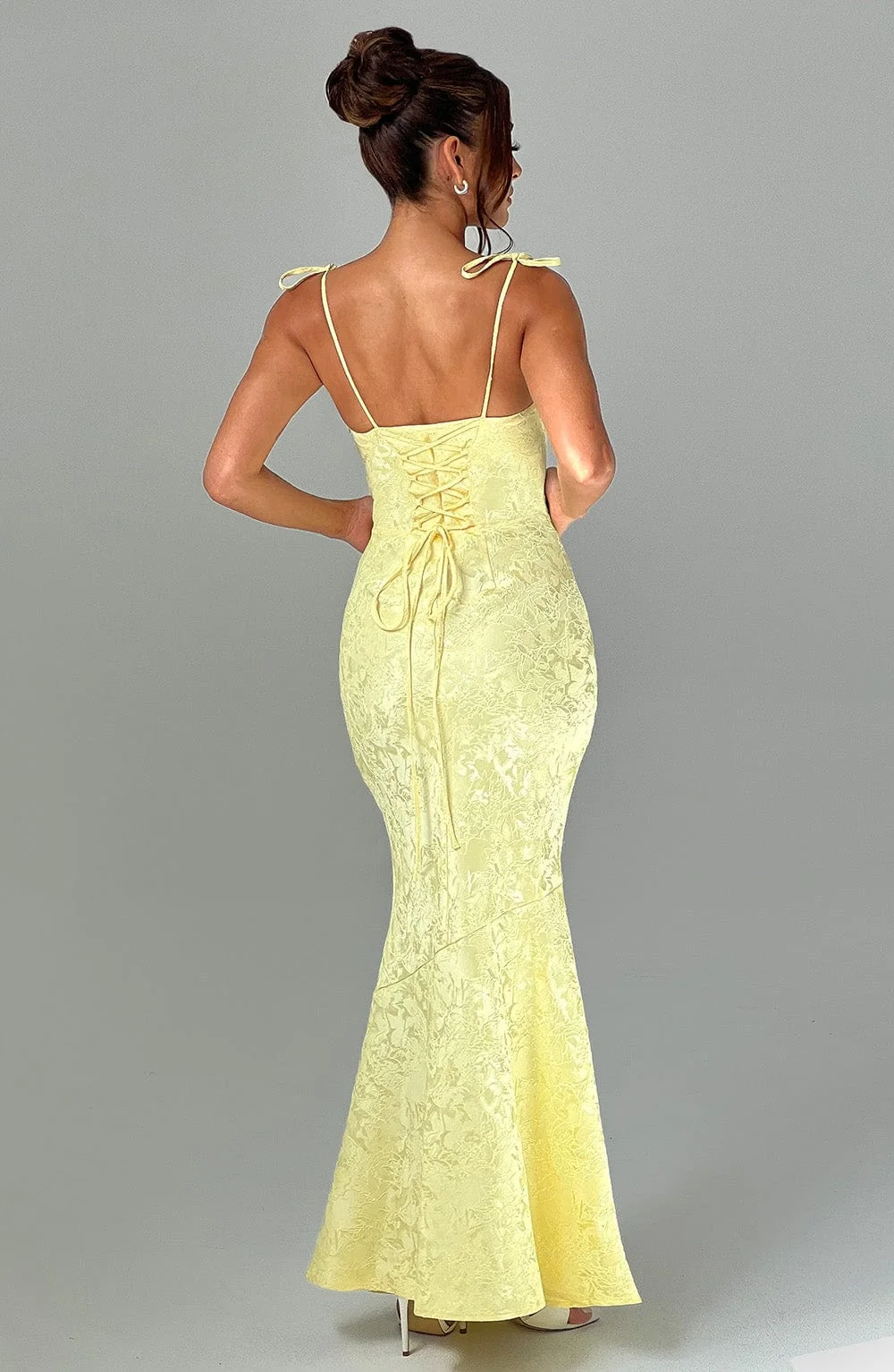 Floral Jacquard Maxi Dress in Lemon - Bias Cut & Lace Up Back