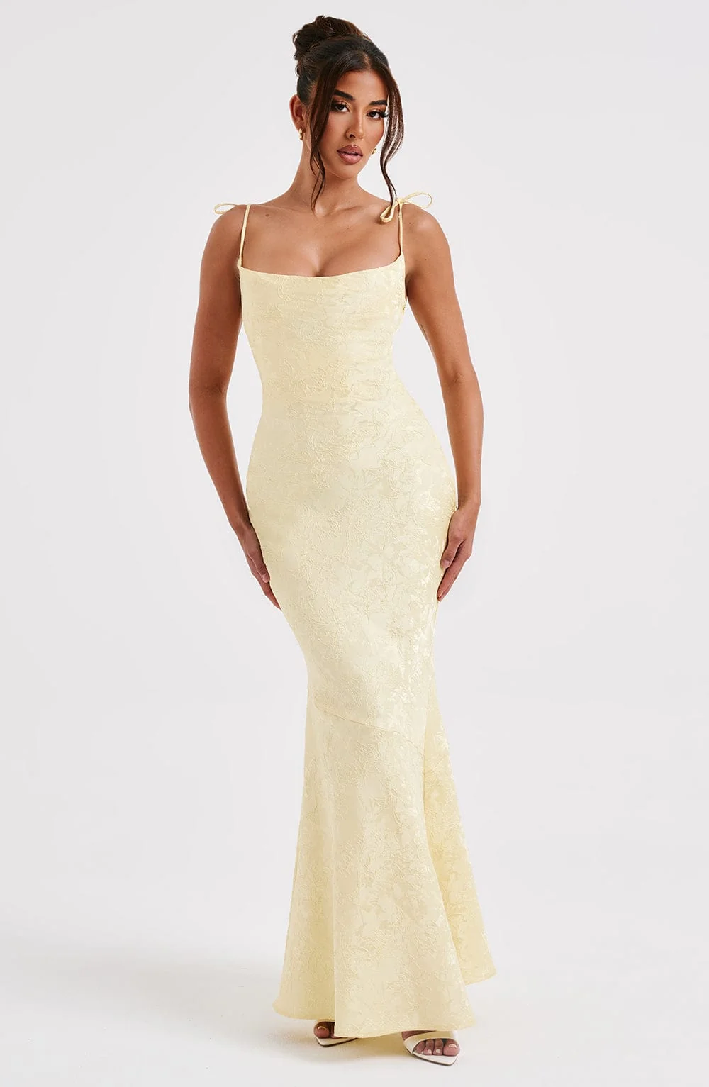 Floral Jacquard Maxi Dress in Lemon - Bias Cut & Lace Up Back