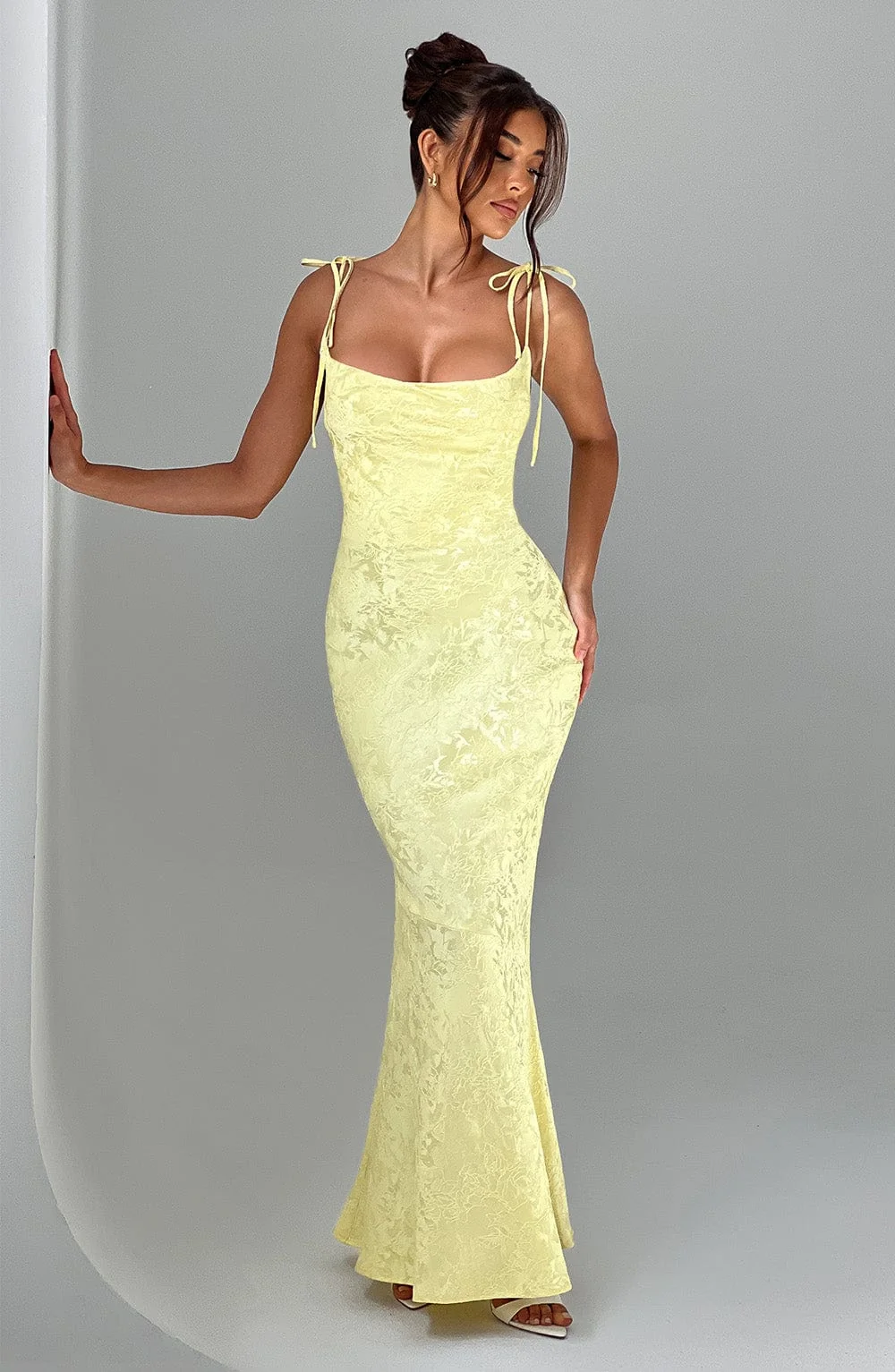 Floral Jacquard Maxi Dress in Lemon - Bias Cut & Lace Up Back