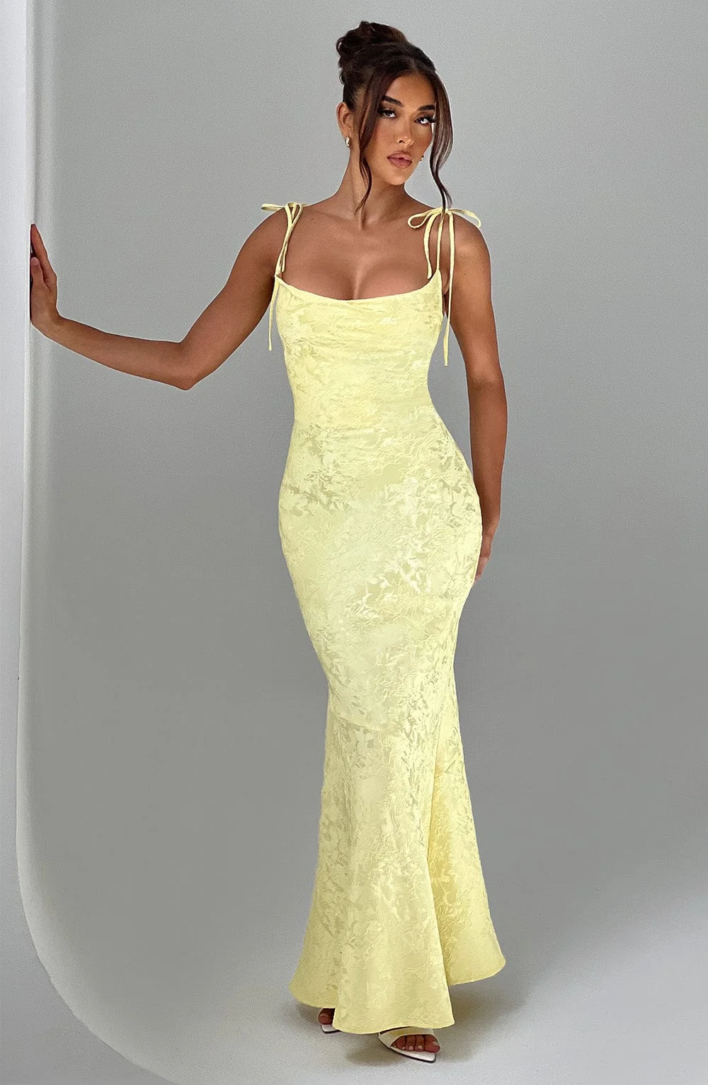 Floral Jacquard Maxi Dress in Lemon - Bias Cut & Lace Up Back