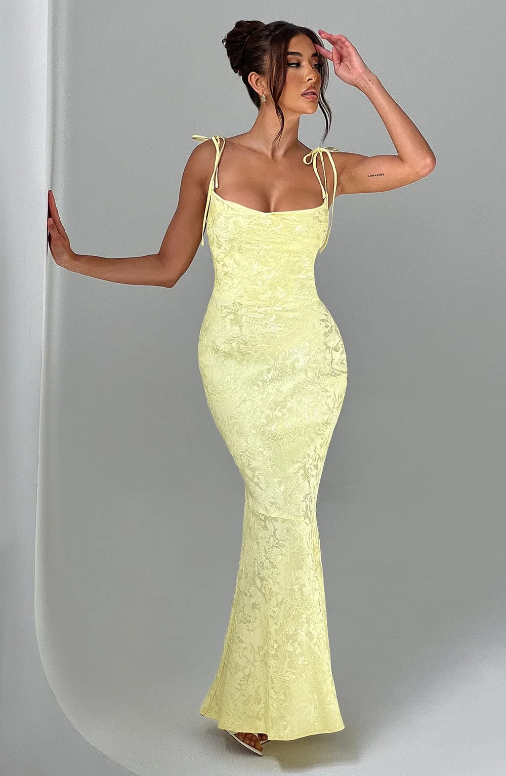 Floral Jacquard Maxi Dress in Lemon - Bias Cut & Lace Up Back