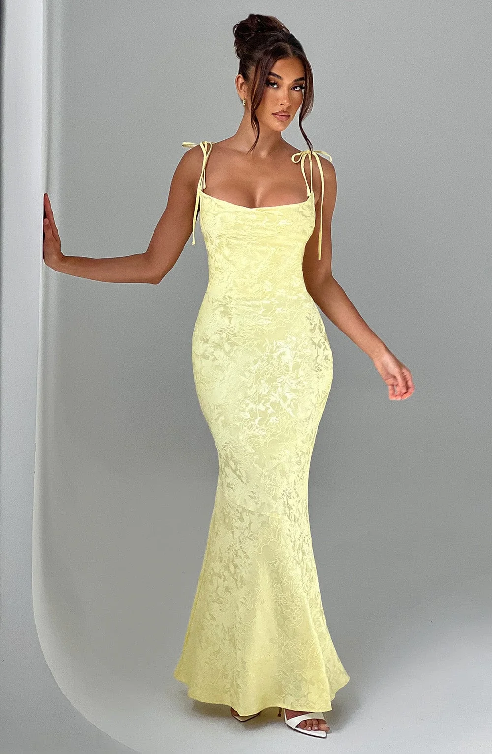 Floral Jacquard Maxi Dress in Lemon - Bias Cut & Lace Up Back