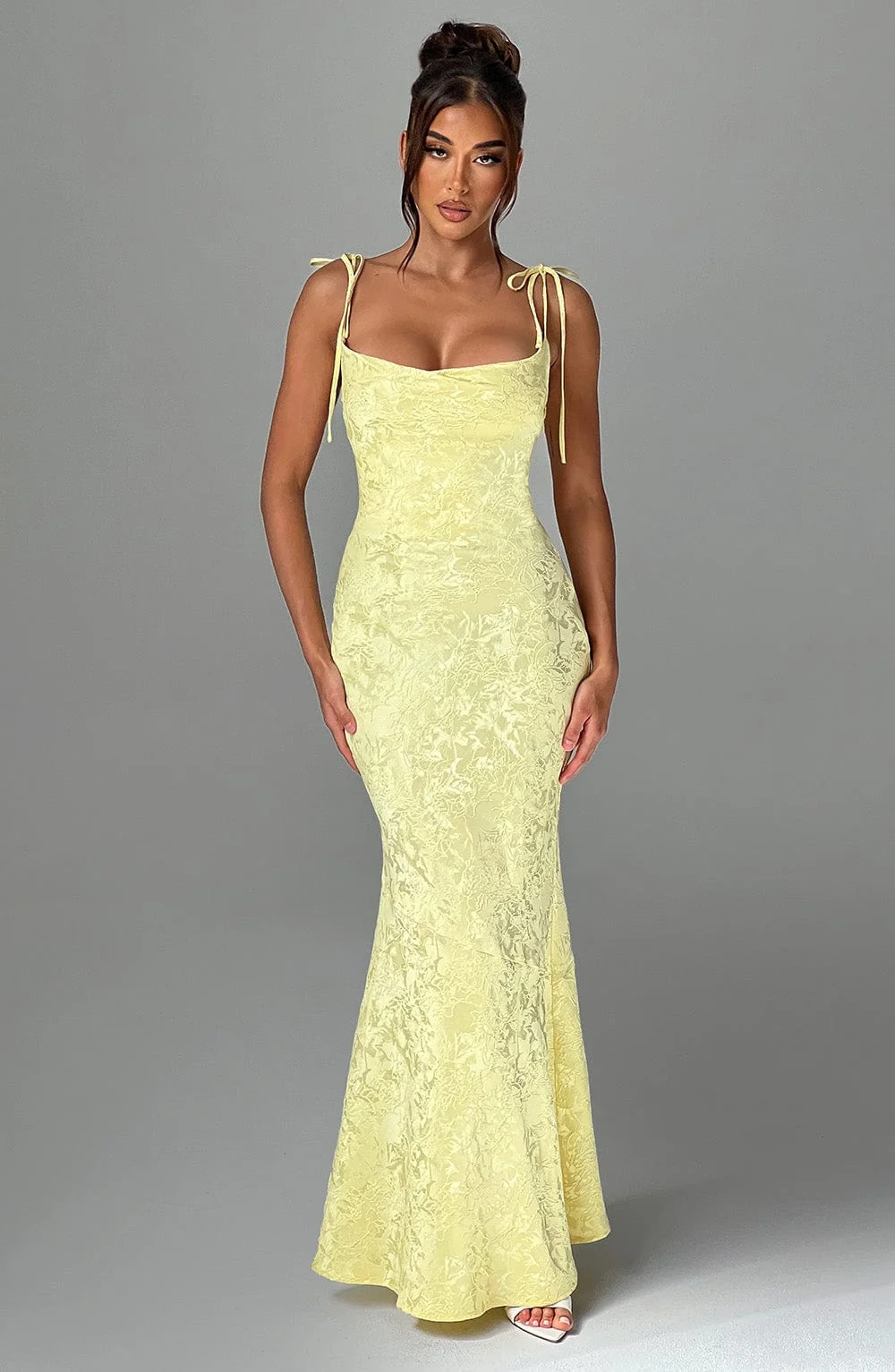 Floral Jacquard Maxi Dress in Lemon - Bias Cut & Lace Up Back