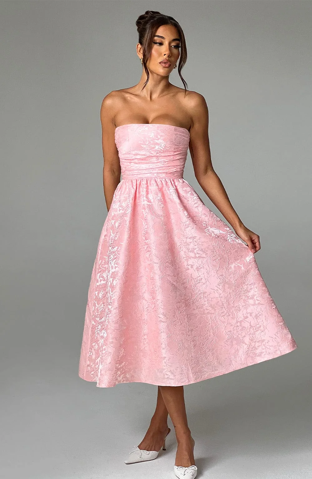 Floral Jacquard Strapless Midi Dress in Blush
