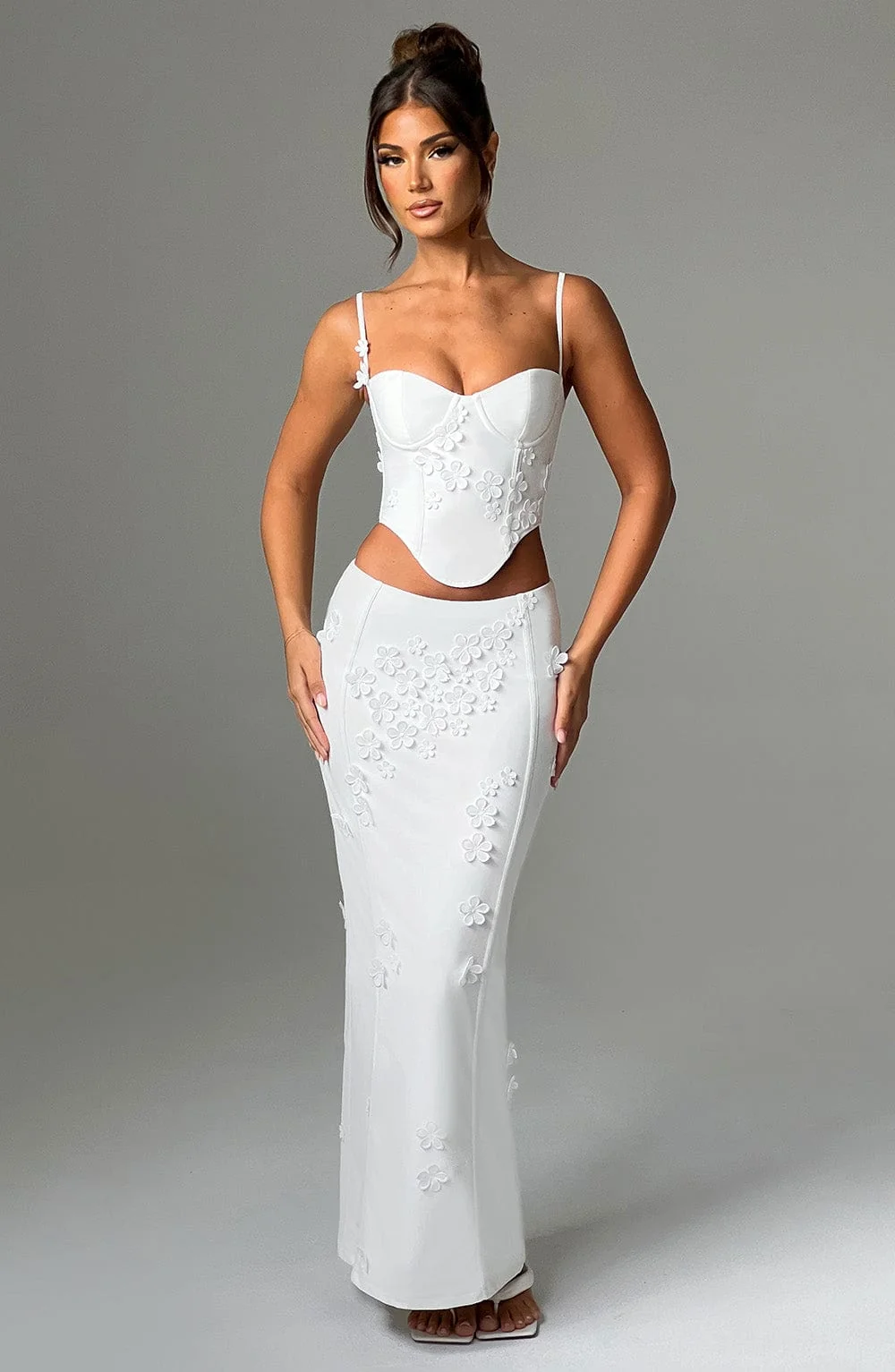 White Mesh Maxi Skirt with 3D Flower Appliques