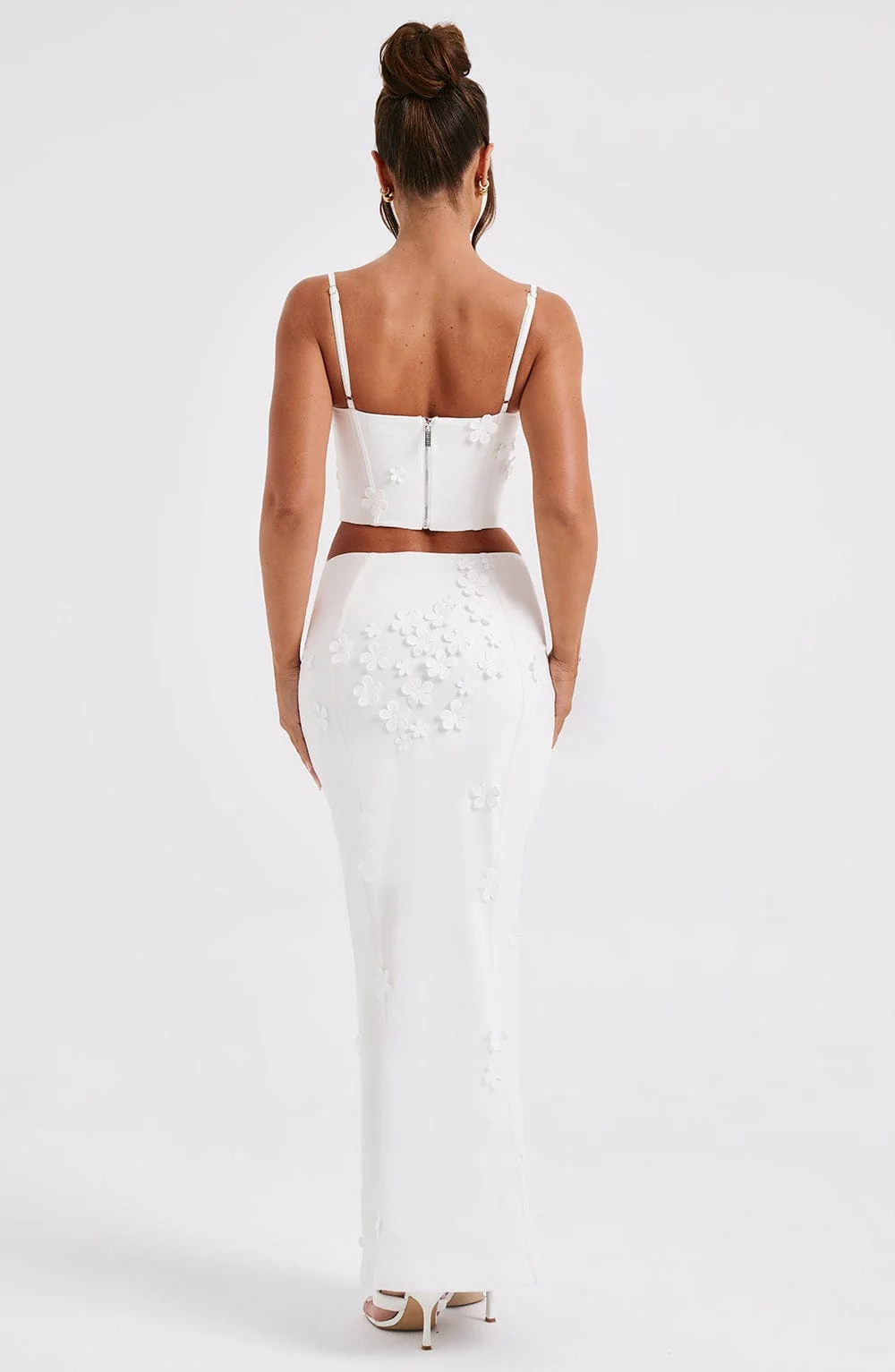 White Mesh Maxi Skirt with 3D Flower Appliques