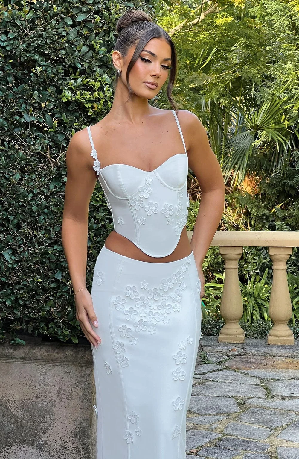 White Mesh Maxi Skirt with 3D Flower Appliques