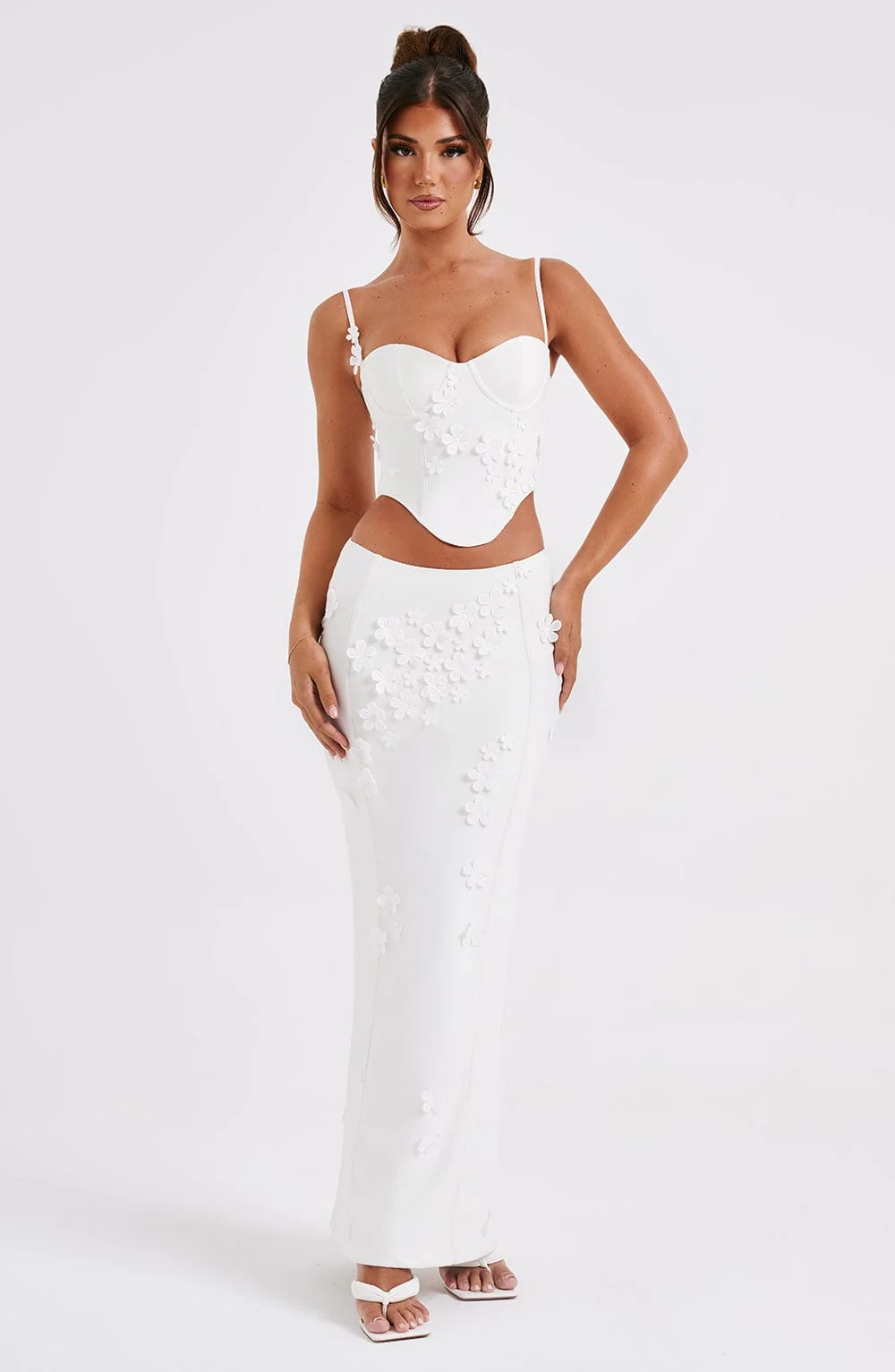 White Mesh Maxi Skirt with 3D Flower Appliques