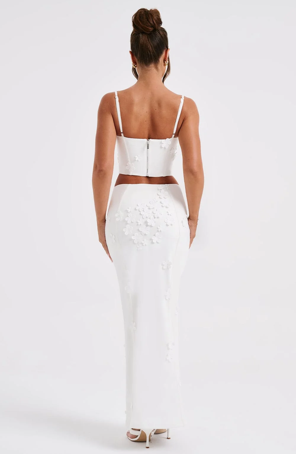 White Mesh Maxi Skirt with 3D Flower Appliques