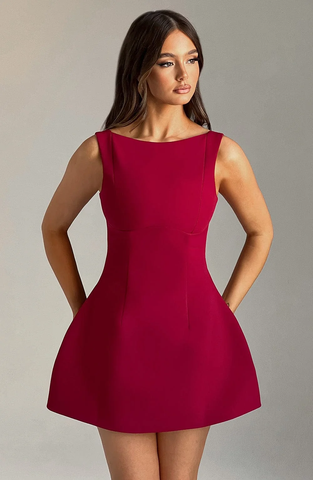 Wine Bubble Hem Mini Dress with High Neckline