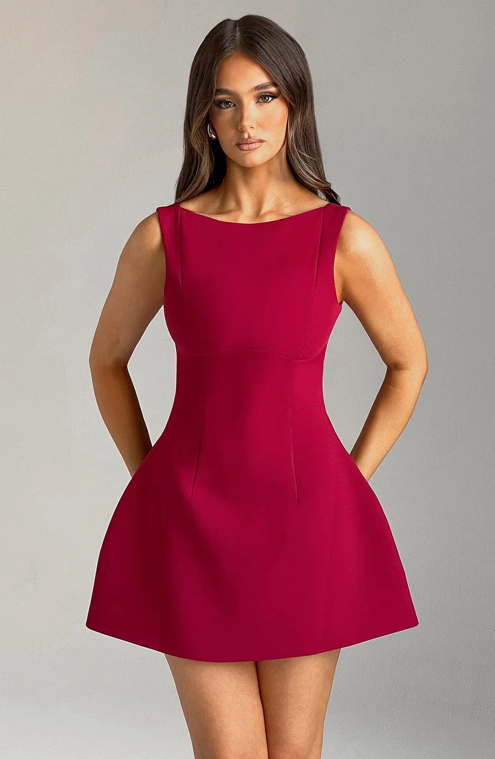 Wine Bubble Hem Mini Dress with High Neckline