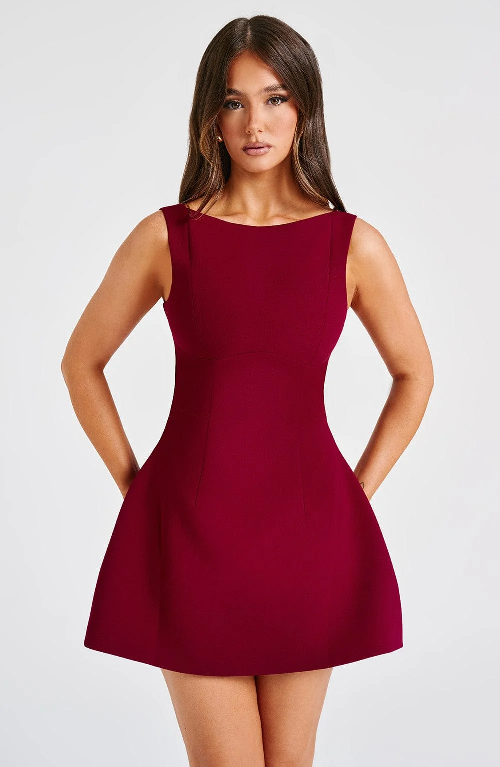 Wine Bubble Hem Mini Dress with High Neckline