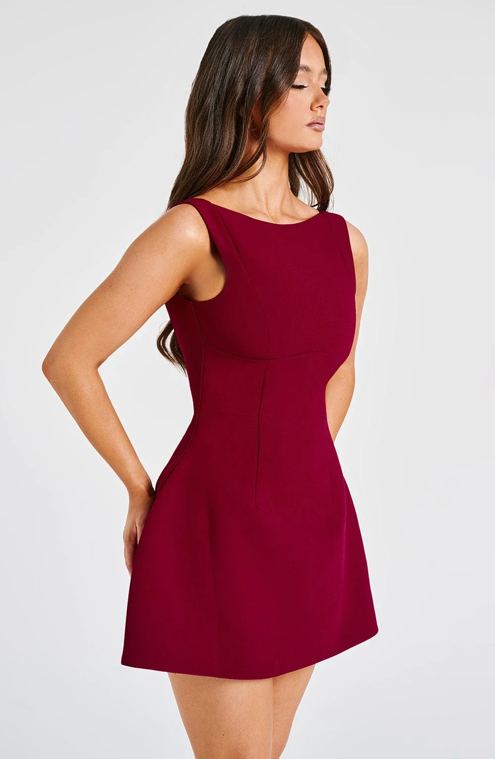 Wine Bubble Hem Mini Dress with High Neckline