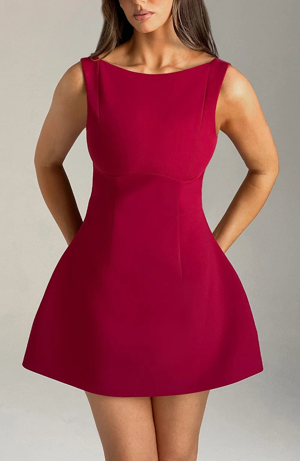 Wine Bubble Hem Mini Dress with High Neckline
