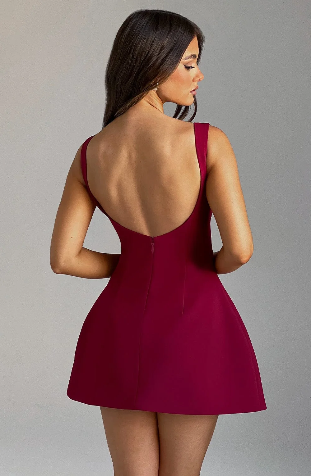 Wine Bubble Hem Mini Dress with High Neckline
