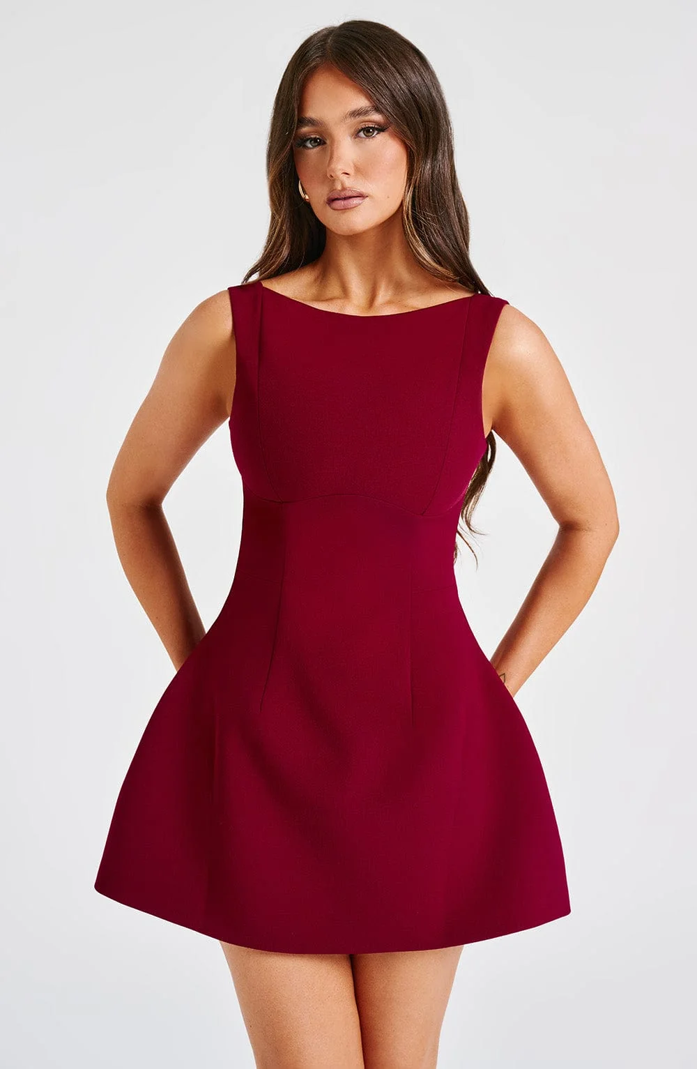 Wine Bubble Hem Mini Dress with High Neckline