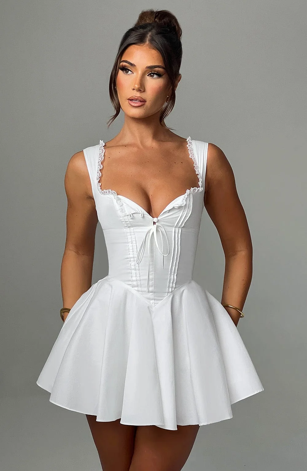 Floral Lace-Up Mini Dress - Elegant Ivory Style