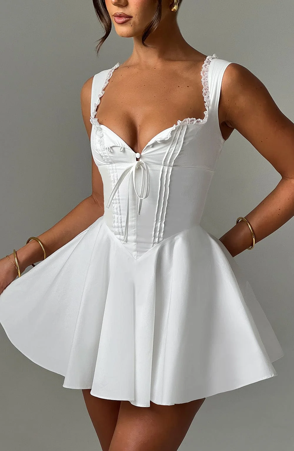 Floral Lace-Up Mini Dress - Elegant Ivory Style