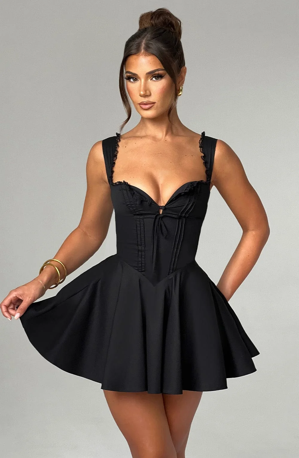 Flirty Black Cotton Blend Mini Dress with Pintuck Detailing