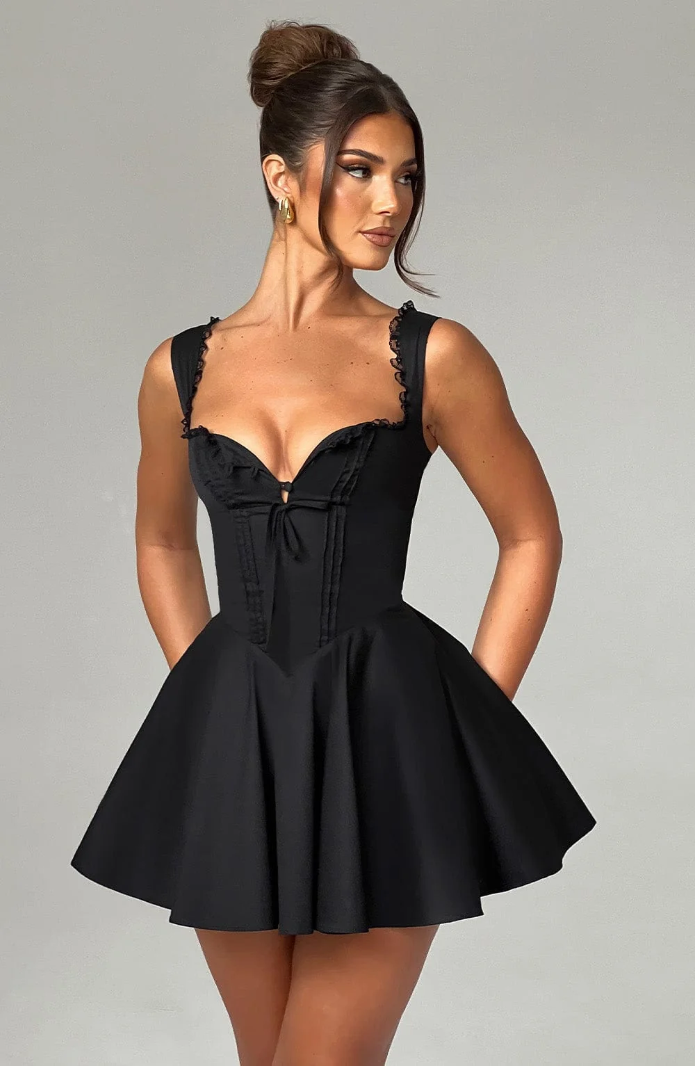 Flirty Black Cotton Blend Mini Dress with Pintuck Detailing