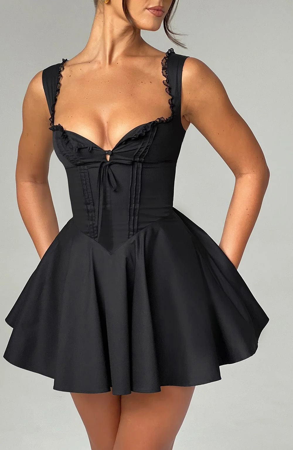 Flirty Black Cotton Blend Mini Dress with Pintuck Detailing