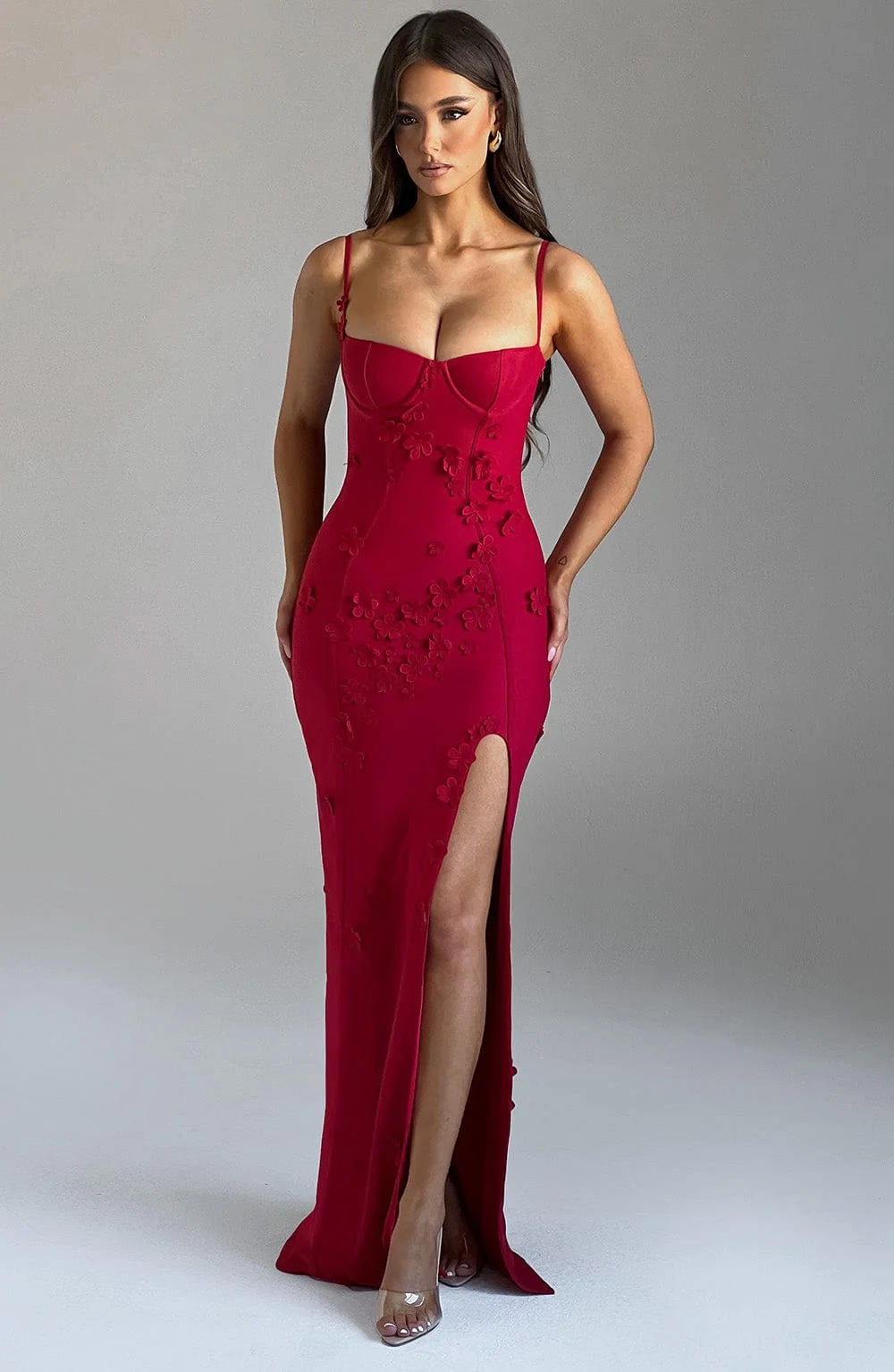 Red Mesh Applique Maxi Dress - Second Skin Fit