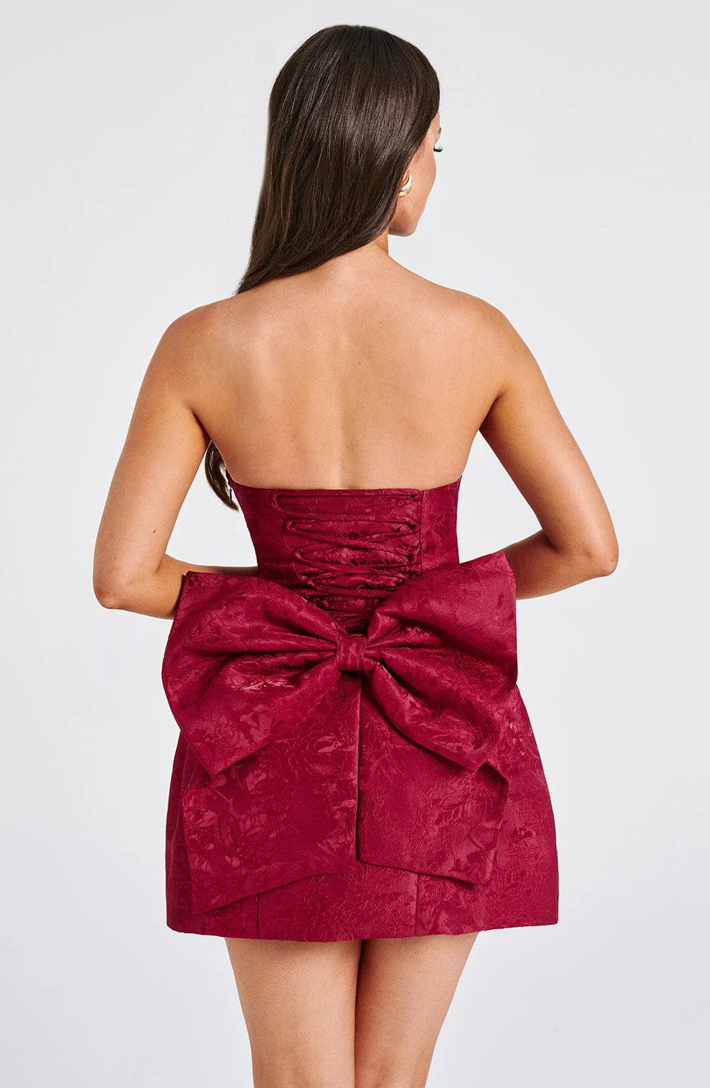 Red Jacquard Strapless Mini Dress with Oversized Bow Detail