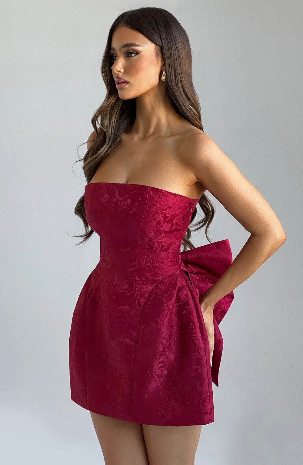 Red Jacquard Strapless Mini Dress with Oversized Bow Detail