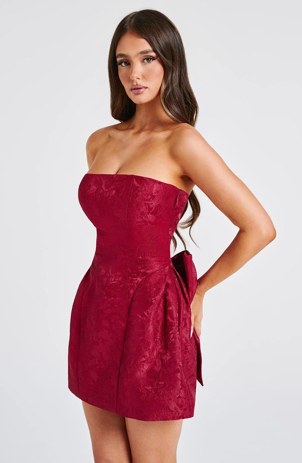 Red Jacquard Strapless Mini Dress with Oversized Bow Detail