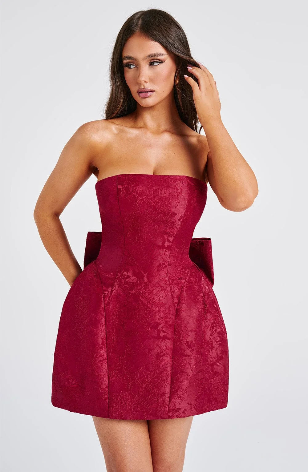Red Jacquard Strapless Mini Dress with Oversized Bow Detail