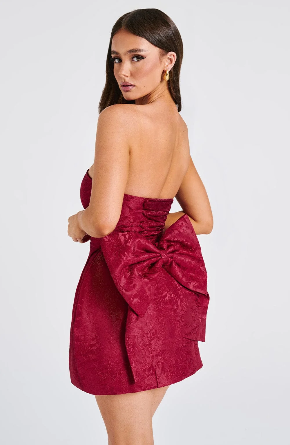 Red Jacquard Strapless Mini Dress with Oversized Bow Detail