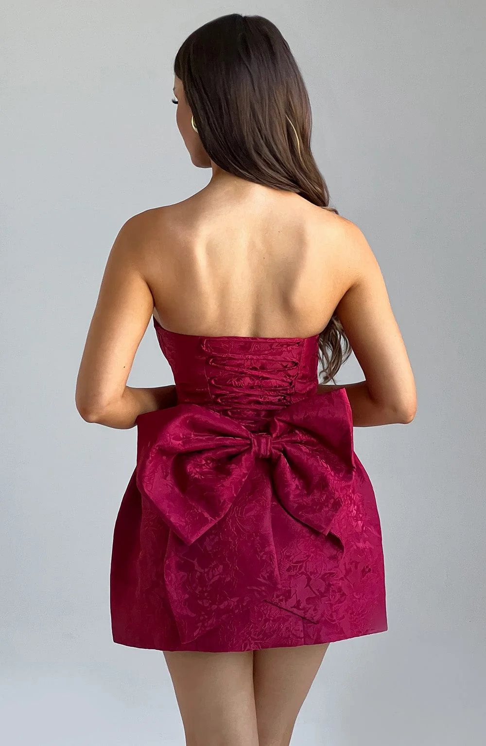 Red Jacquard Strapless Mini Dress with Oversized Bow Detail