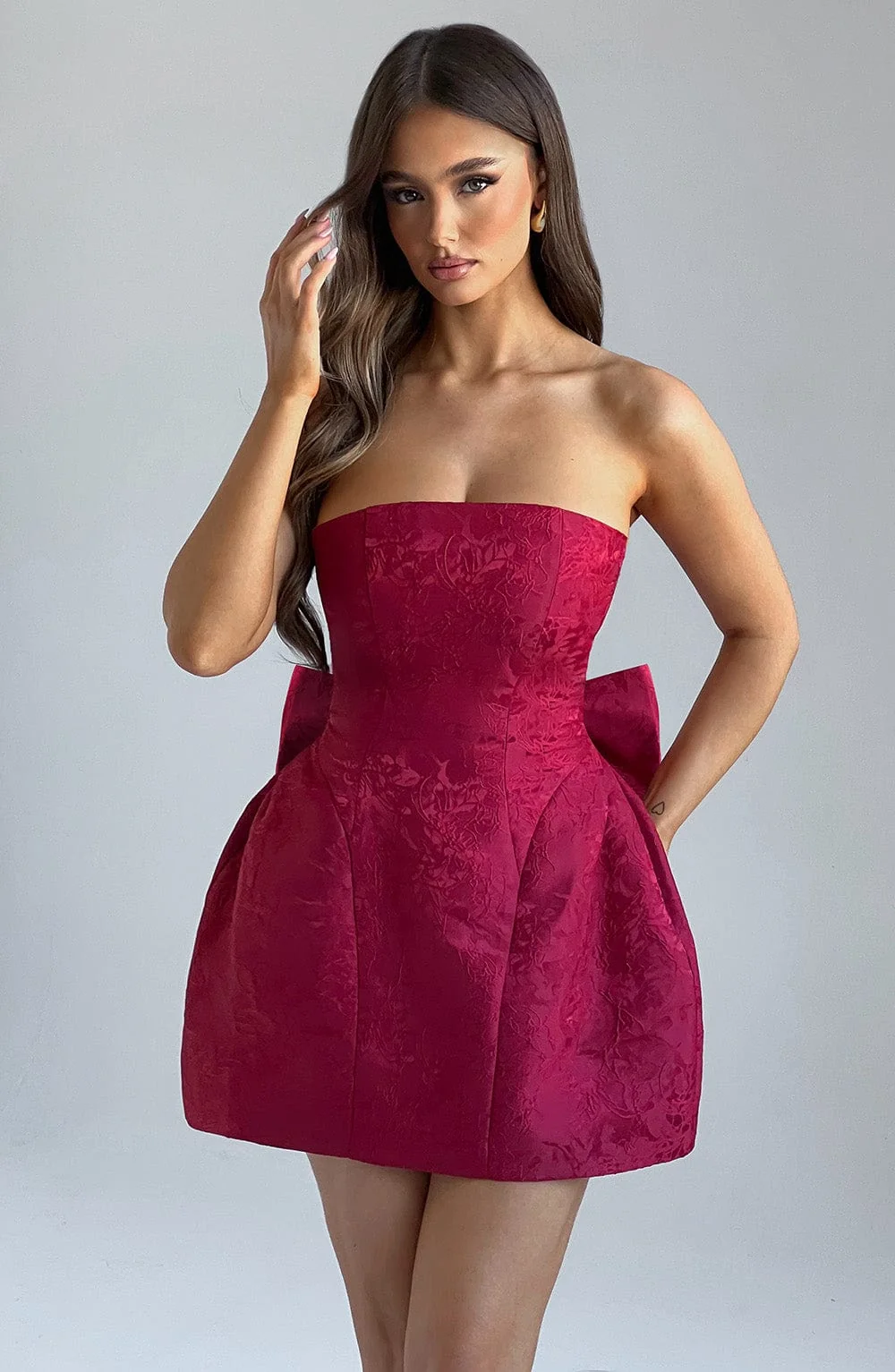 Red Jacquard Strapless Mini Dress with Oversized Bow Detail