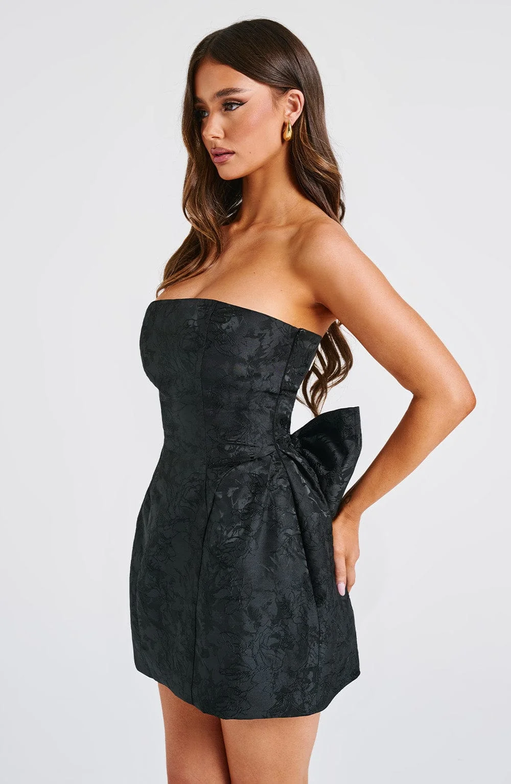 Black Floral Jacquard Mini Dress with Strapless Design