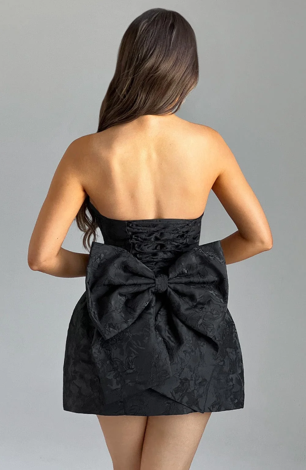 Black Floral Jacquard Mini Dress with Strapless Design