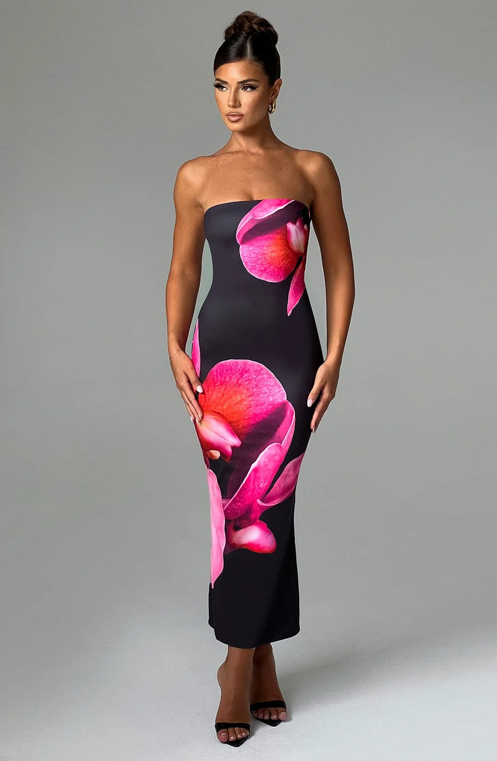 Floral Print Strapless Jersey Midi Dress - Black Elegant Design