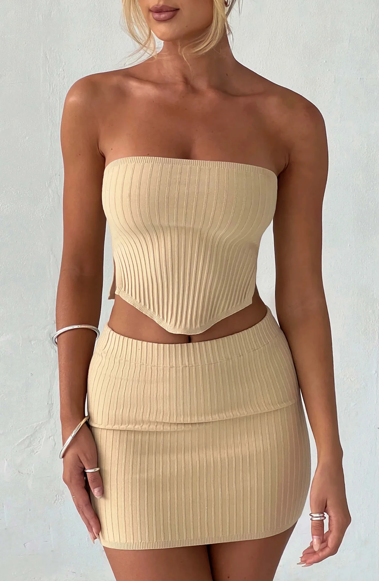 Beige Ribbed Knit High Waisted Mini Skirt