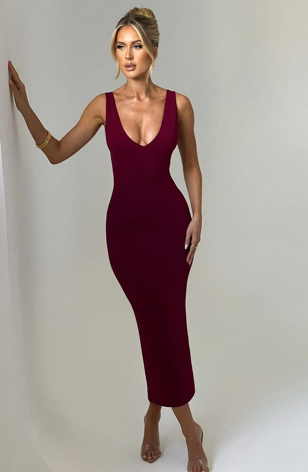 Burgundy Stretch Crepe Plunge Neckline Midi Dress