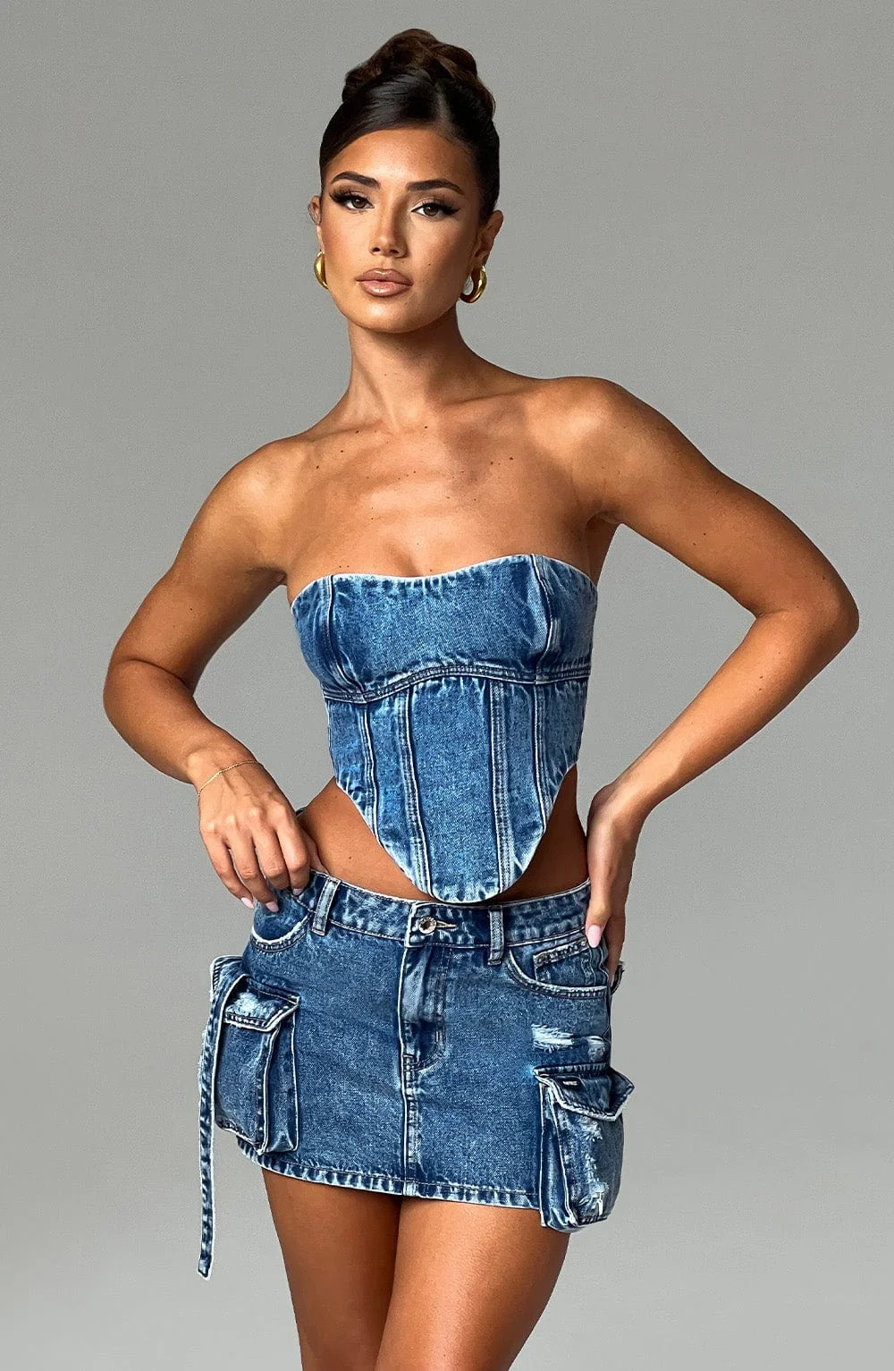 Dark Wash Denim Cargo Mini Skirt