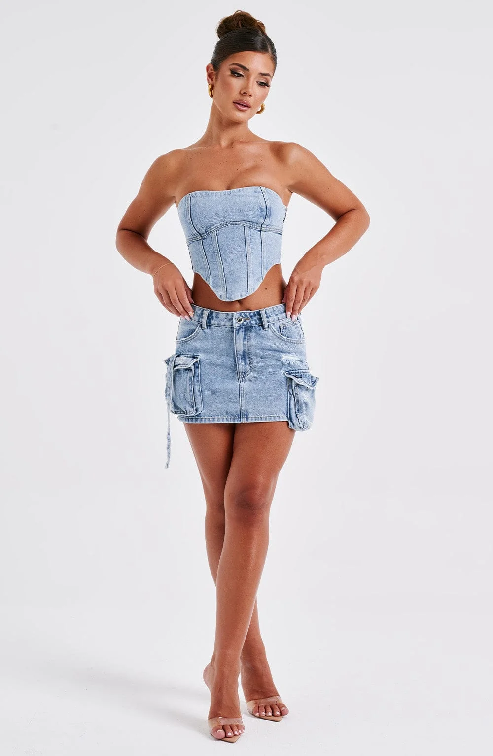 Blue Wash Denim Cargo Pocket Mini Skirt