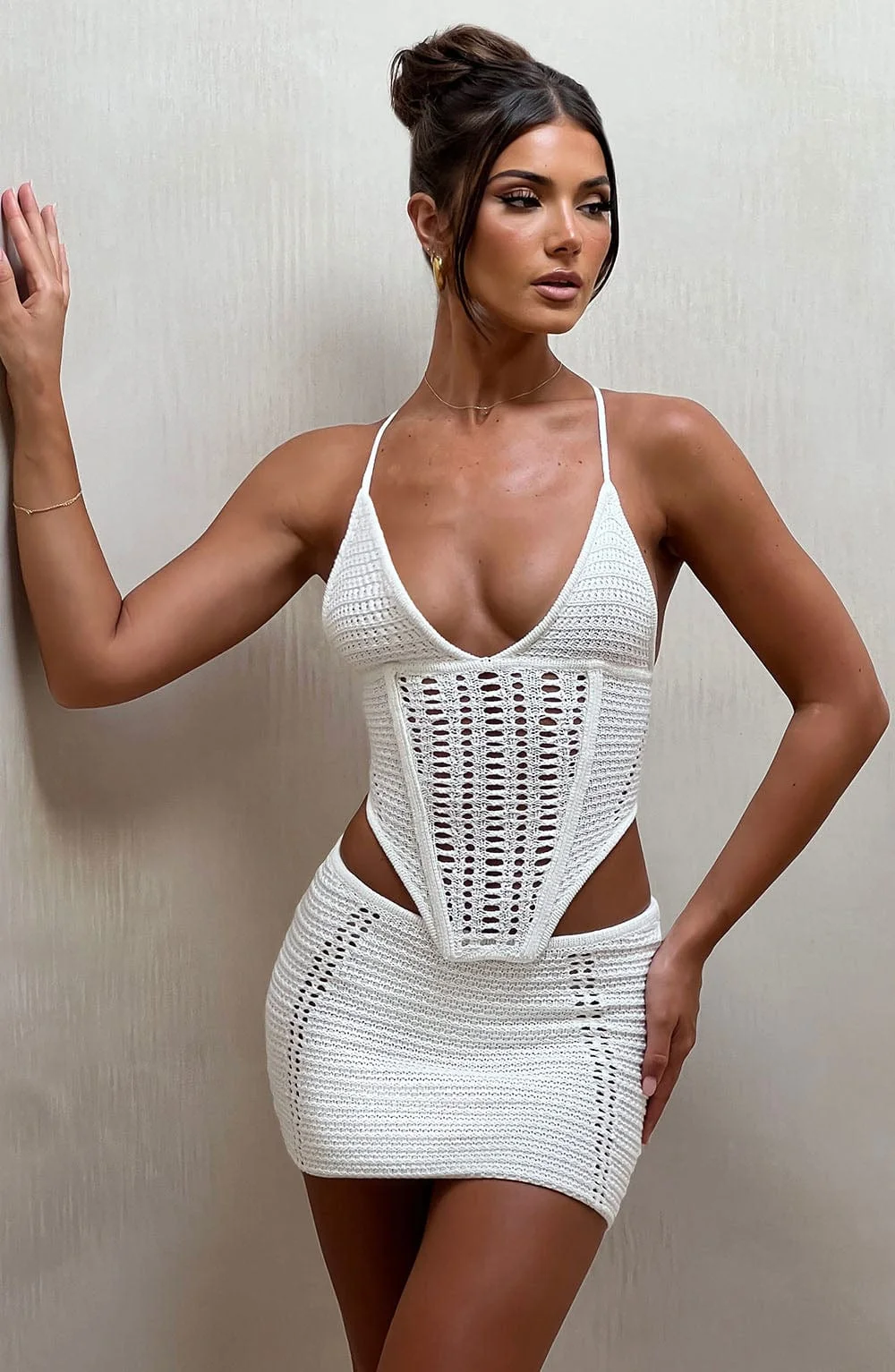 Crochet Knit White Top with Boning - Selma Style