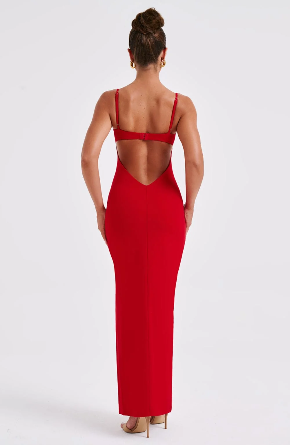 Red Backless Maxi Dress with Thigh-Split - Premium Crepe Fabric