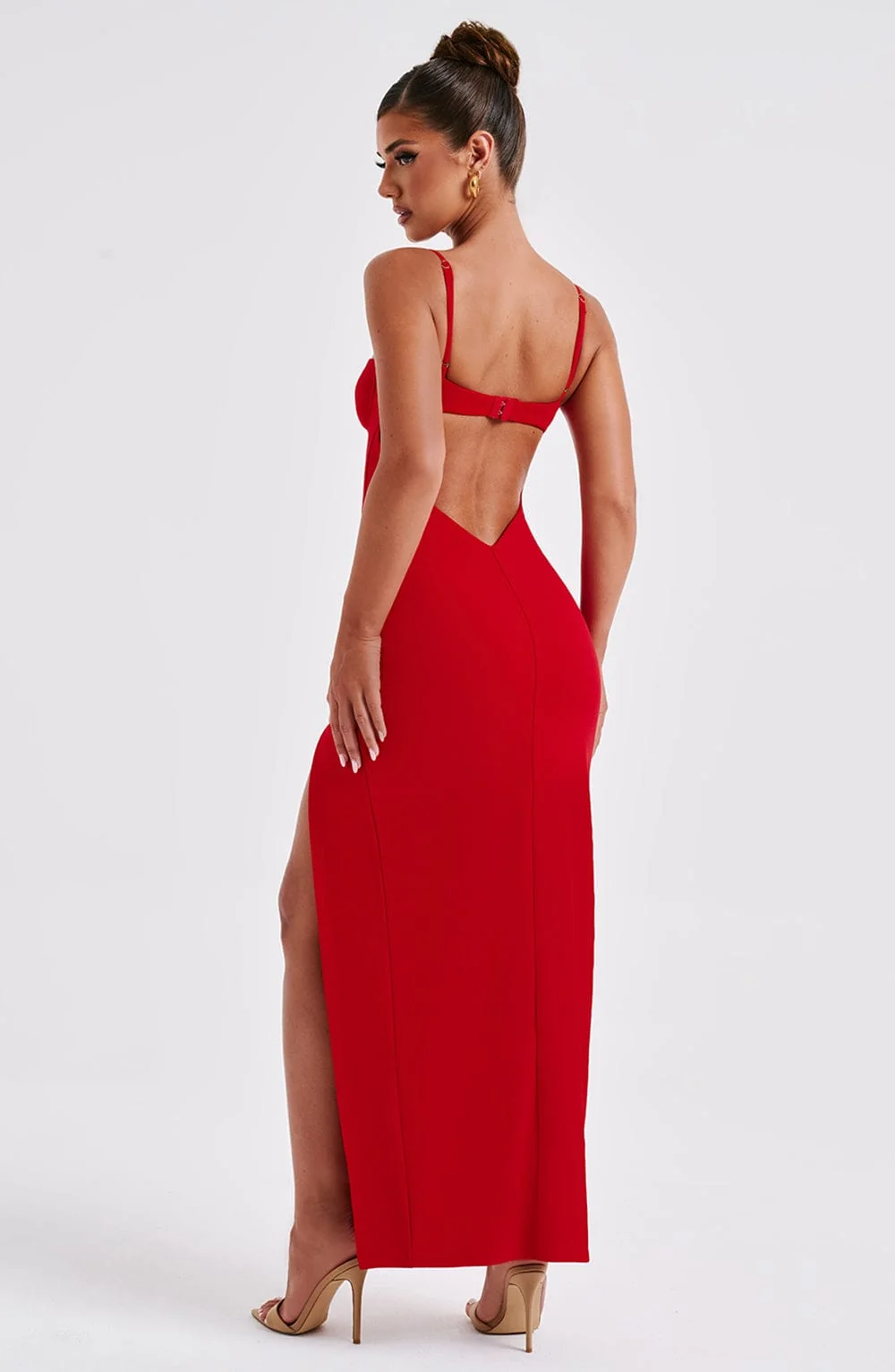 Red Backless Maxi Dress with Thigh-Split - Premium Crepe Fabric