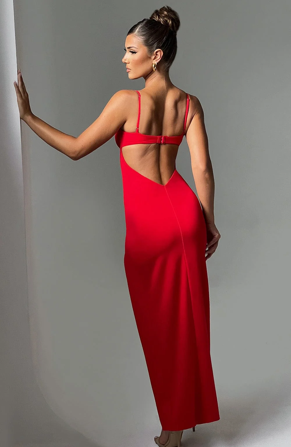 Red Backless Maxi Dress with Thigh-Split - Premium Crepe Fabric