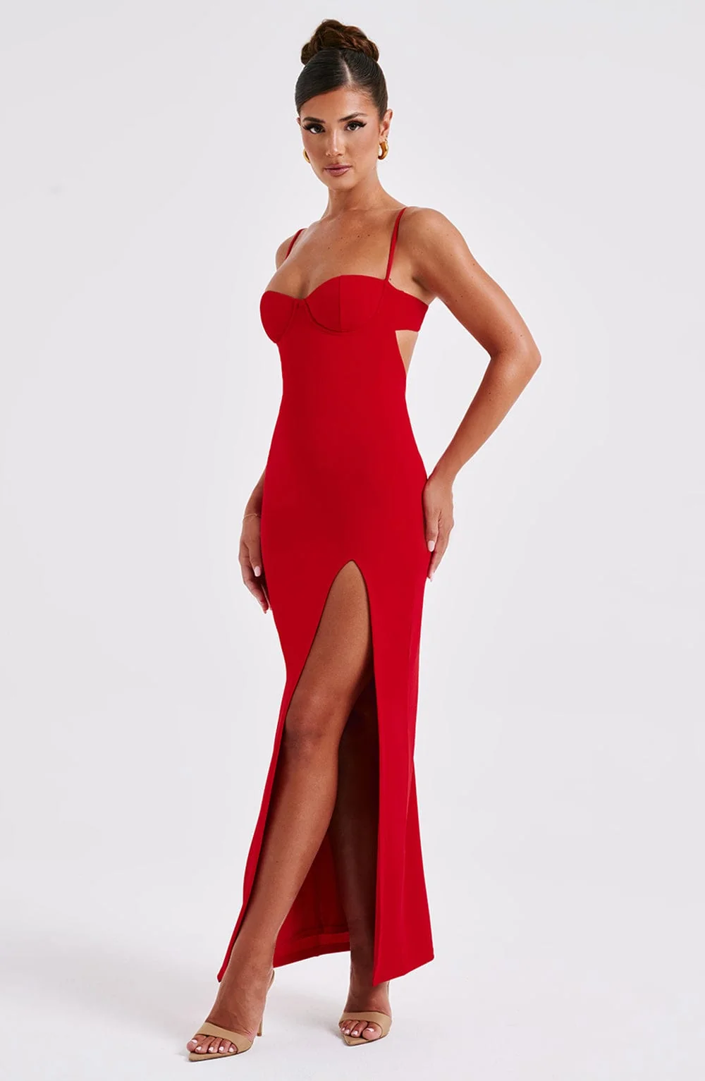 Red Backless Maxi Dress with Thigh-Split - Premium Crepe Fabric