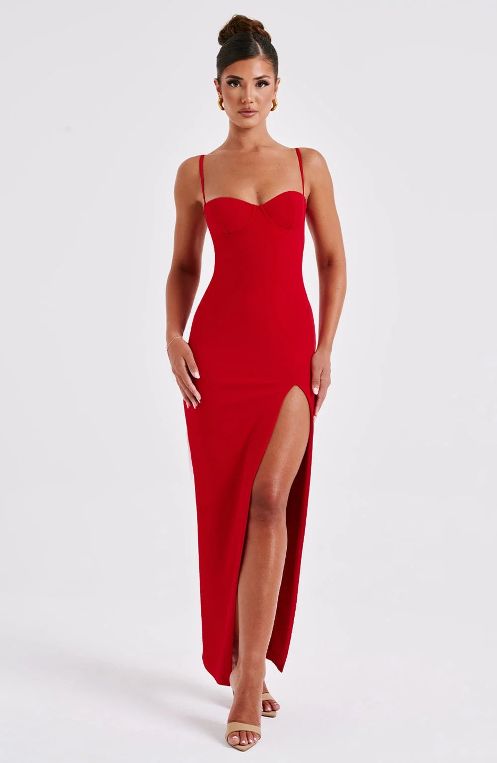 Red Backless Maxi Dress with Thigh-Split - Premium Crepe Fabric